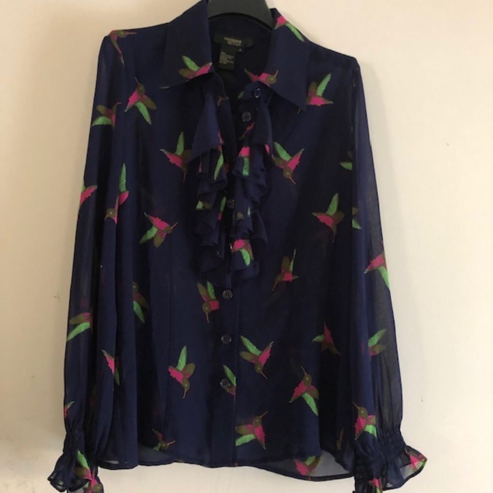 Twiggy London Ruffle front Navy Blouse NWOT